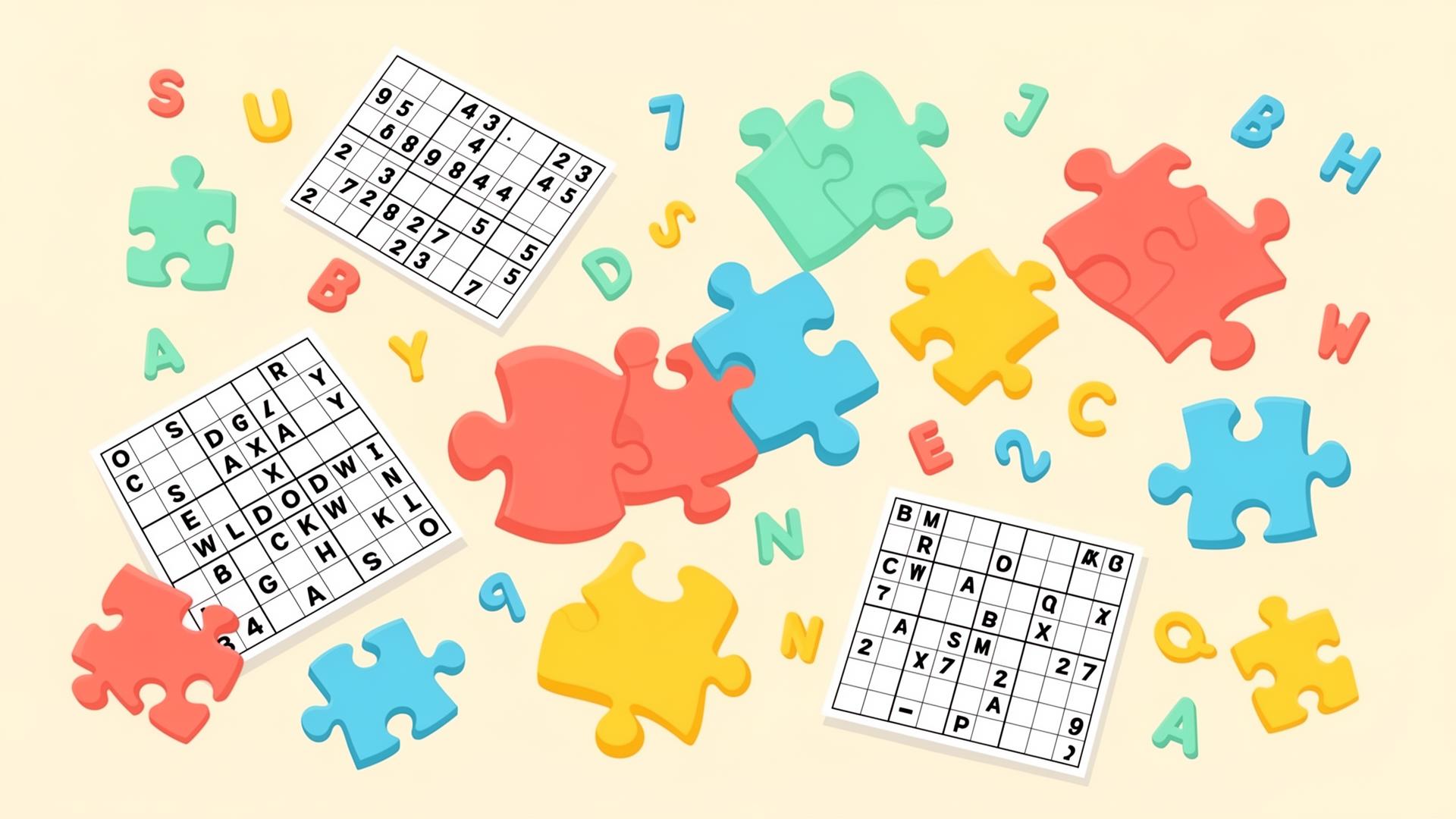 Colorful puzzle pieces and grids floating playfully